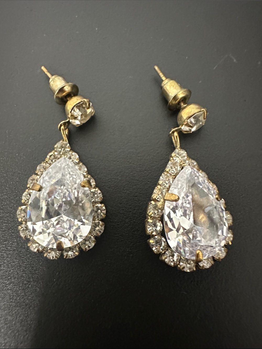 Vintage Gold-Tone Teardrop Crystal Drop Earrings - Clear